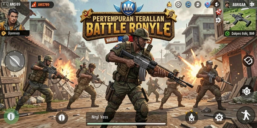 Screenshot gameplay AMS789 dengan pertempuran mendebarkan di peta luas.
