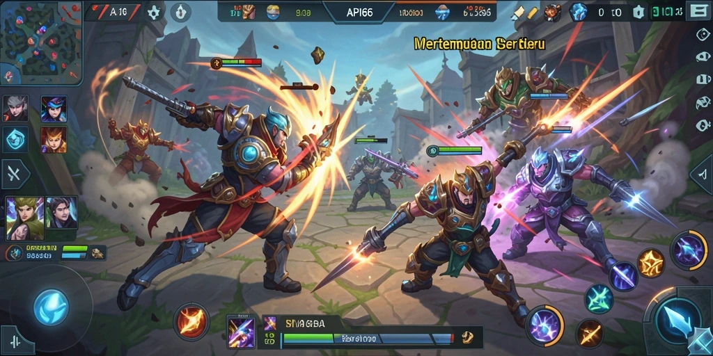Screenshot utama API66 menampilkan pertarungan dinamis di arena MOBA.