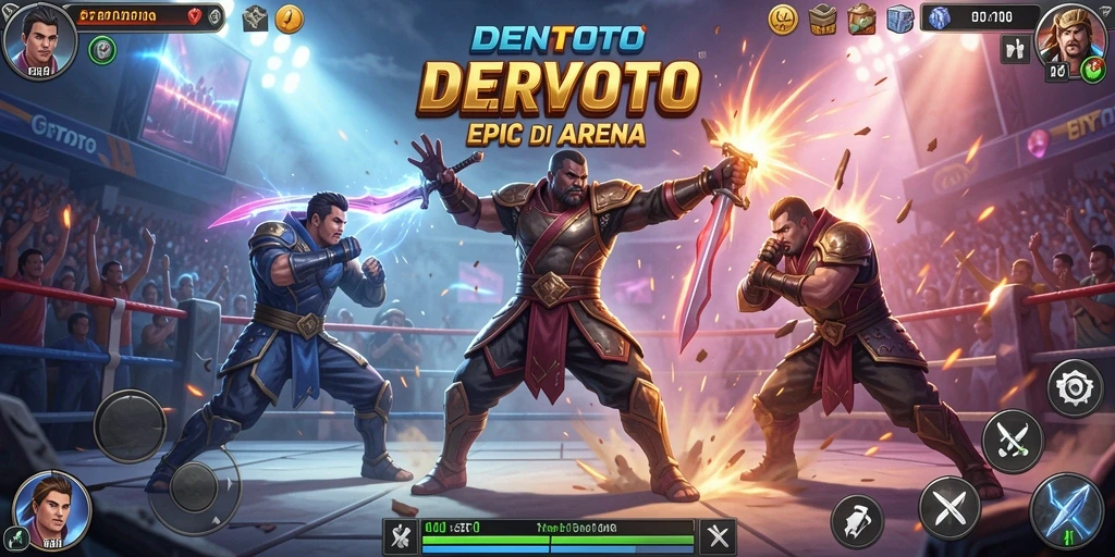 Tampilan gameplay DENTOTO saat pertarungan di arena yang dramatis.