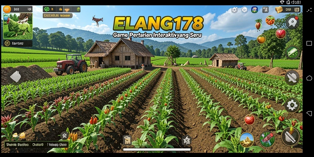 Screenshot gameplay ELANG178 menunjukkan ladang yang subur dan aktivitas bertani.