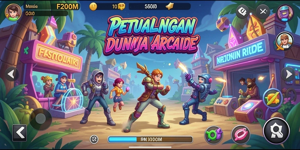 Screenshot F200M menampilkan gameplay seru dan karakter menarik di dunia Arcade.