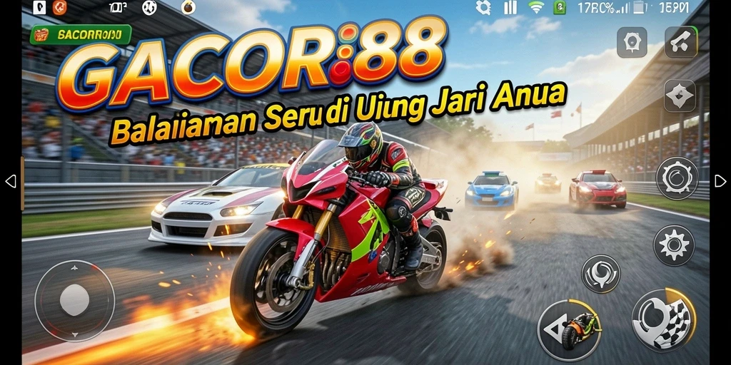 Screenshot utama GACOR88 menunjukkan aksi balapan yang intens dan grafik yang menawan.