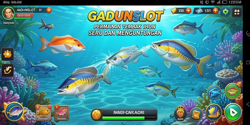 Tampilan gameplay GADUNSLOT yang penuh aksi tembak ikan.