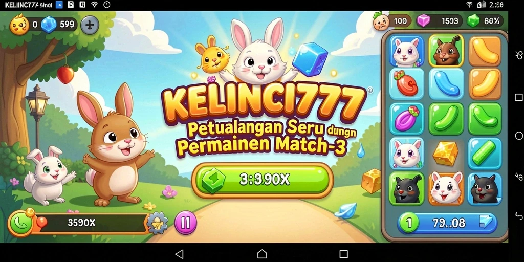 Tampilan gameplay KELINCI777 dengan kombinasi objek berwarna-warni.