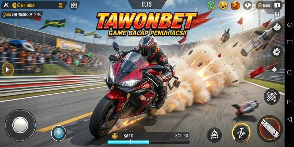 Tampilan utama gameplay TAWONBET dengan aksi balap motor yang seru.